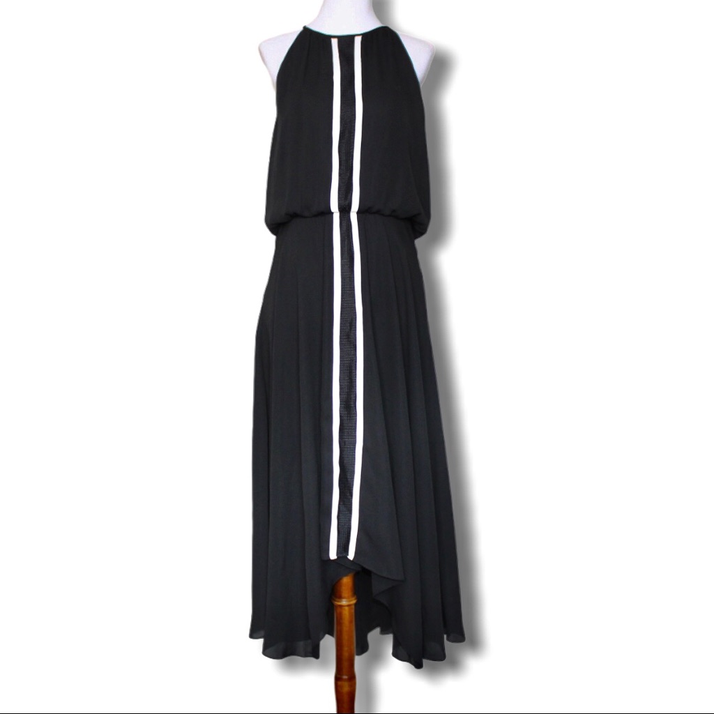 Parker Black High-Low Blouson Halter Dress Small